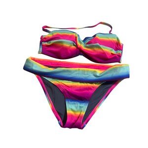 Victorias Secret Rainbow Stripe Bikini Swimsuit Bathing Suit Bottom Sz S Top 34C